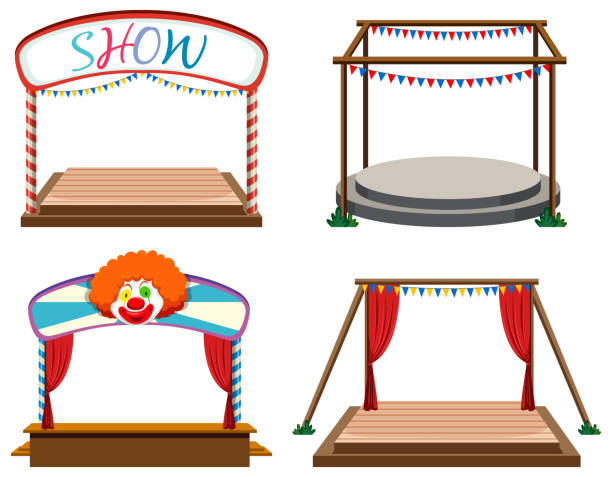 illustrazioni stock, clip art, cartoni animati e icone di tendenza di set di fasi sfondo bianco - curtain red color image clown