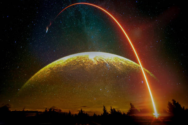 istock Fictional image of a rocket launch on Earth surface with huge moon and milky way on background. Some elements of this image furnished by NASA. 1051585120