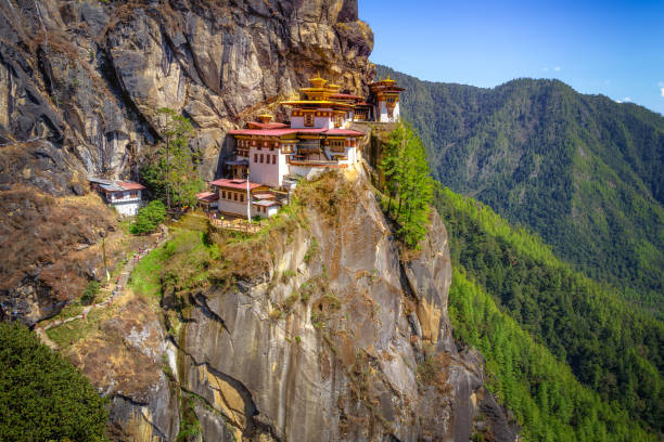 Tiger's Nest Monastery Tiger's Nest Monastery, Paro Taktsang, located high on a cliff in Paro, Bhutan, beautiful scenery and background of mountains and trees taktsang monastery photos stock pictures, royalty-free photos & images