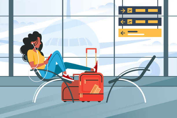 Young girl waiting for flight on plane. Young girl waiting for flight on plane. Concept woman with headphones and baggage, airport. Vector illustration. official visit stock illustrations