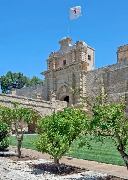 View of the main gate to Mdina, Malta photographed from the public garden.