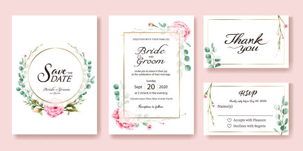 Wedding Invitation, save the date, thank you, rsvp card Design template. Vector. Pink rose, silver dollar leaves. Watercolor style. Wedding Invitation, save the date, thank you, rsvp card Design template. Vector. Pink rose, silver dollar leaves, wax flower. Watercolor style. rsvp stock illustrations