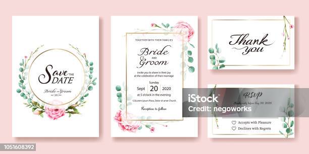 Wedding Invitation Save The Date Thank You Rsvp Card Design Template Vector Pink Rose Silver Dollar Leaves Watercolor Style Stock Illustration - Download Image Now