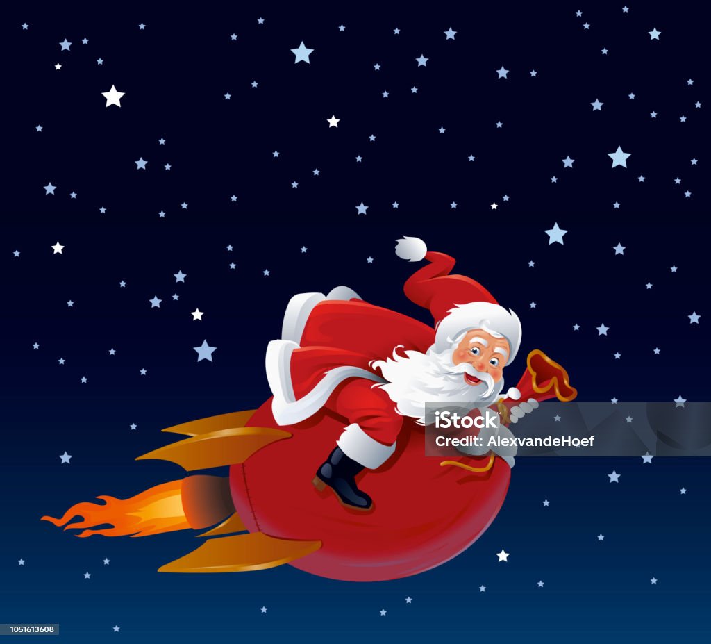 Santa Claus on Flying Rocket Gift Sack at Night Santa Claus sits on a flying christmas gift sack, which has a jet engine with a flame coming out of it. Beard stock vector