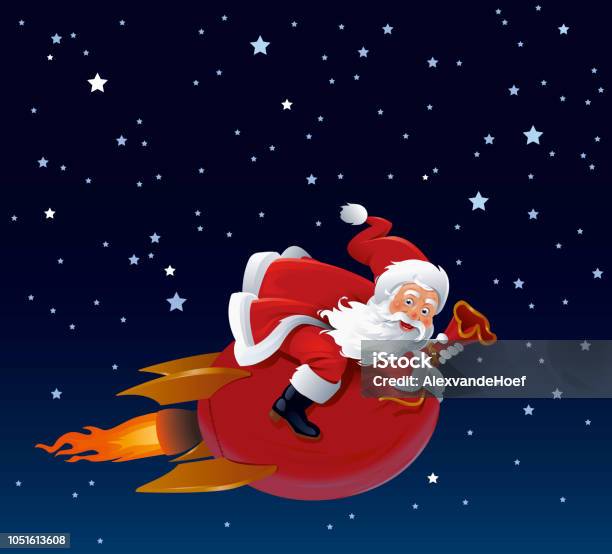 Santa Claus On Flying Rocket Gift Sack At Night Stock Illustration - Download Image Now - Beard, Celebration Event, Christmas