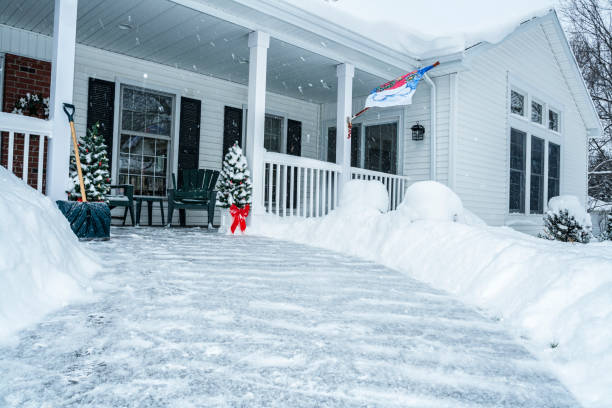 istock Red Ribbon Bow Christmas Trees on Winter Snow Blizzard Footpath 1051616106