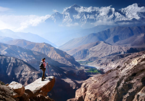 Hiker with Backpack and trekking sticks looks at the beautiful mountain canyon stock photo