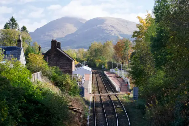 Dalmally train station in Scottish village in west Argyll view from above bridge uk