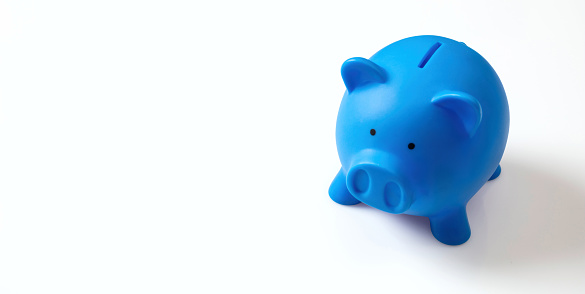 Savings concept. Piggy bank, blue with copy space, isolated on white background, banner,