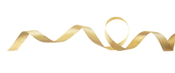 Photo of Golden satin ribbon isolated on white background, banner