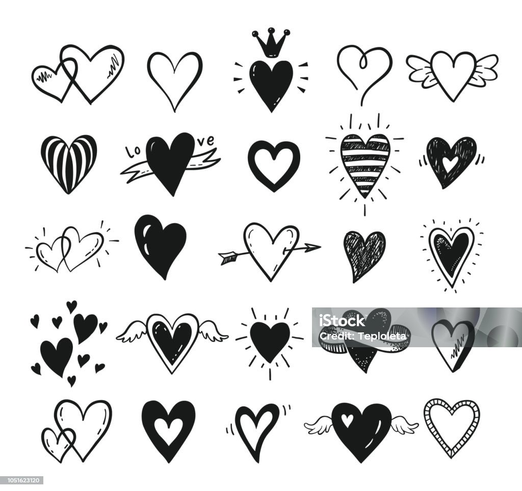Vector set of hand drawn doodle cartoon hearts. Valentines day, love, wedding card design. Heart Shape stock vector