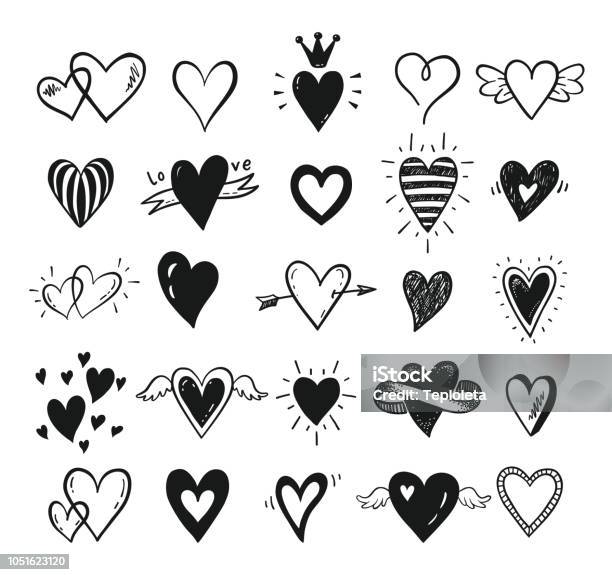 Vector Set Of Hand Drawn Doodle Cartoon Hearts Valentines Day Love Wedding Card Design Stock Illustration - Download Image Now