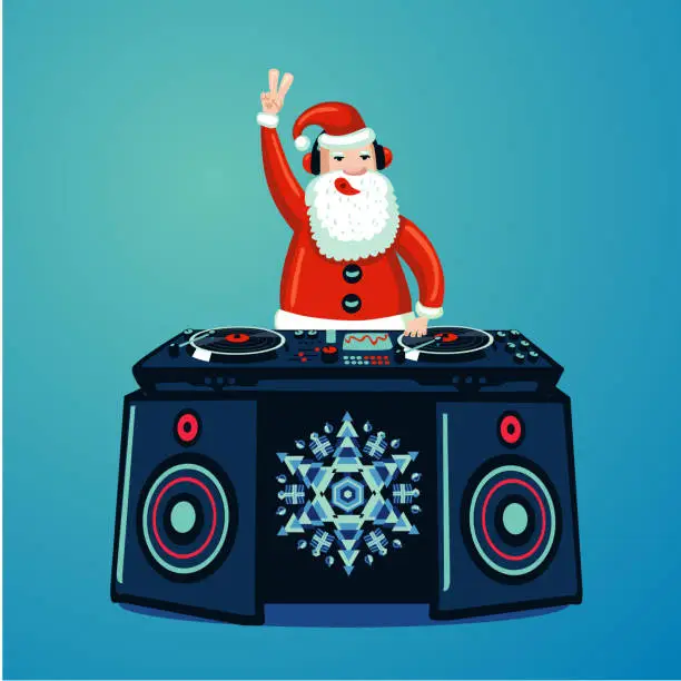 Vector illustration of Santa Claus dj with vinyl turntable. Christmas music party poster. New Year nightclub music show