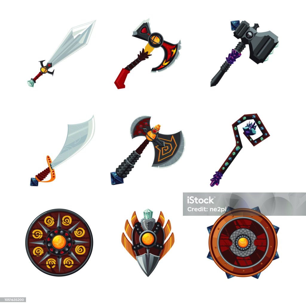 Set of magic wepon isolated on white backgroung. Fantasy game design icon set. Sword stock vector