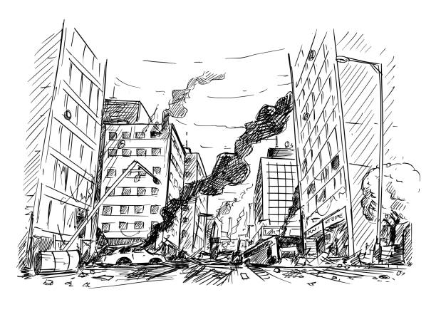 ilustraciones, imágenes clip art, dibujos animados e iconos de stock de dibujo de la mano de la calle de la ciudad destruida por la guerra o disturbios o desastres - coches abandonados