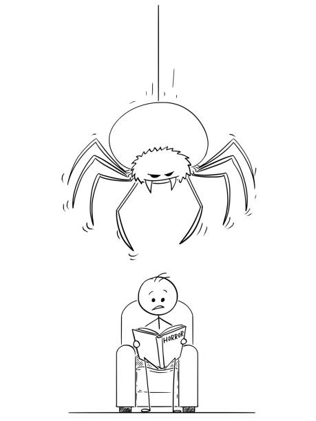 stockillustraties, clipart, cartoons en iconen met cartoon van de man die het lezen van een boek van de horror en giant spider opknoping boven hem - spider man