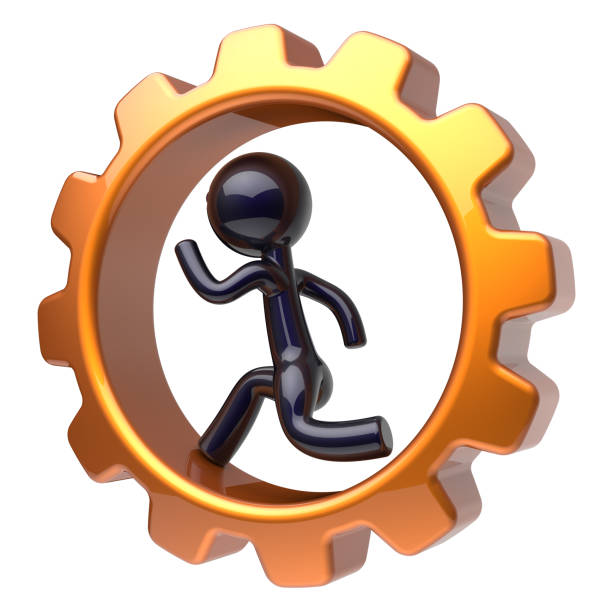 istock Businessman character running inside gearwheel hard work 1051638868