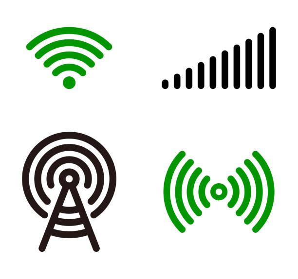 ilustraciones, imágenes clip art, dibujos animados e iconos de stock de conjunto de iconos de vector verde wifi símbolo - broadcasting