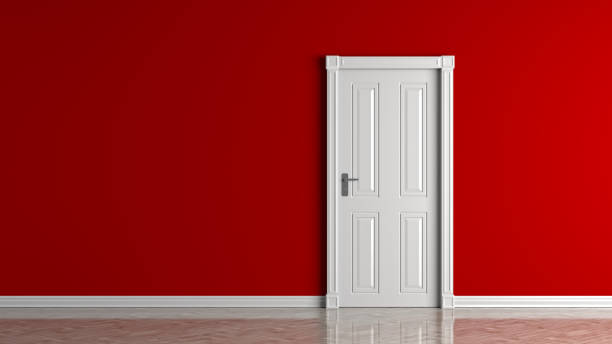 istock Red empty wall and closed white door mock up.3D illustration. 1051644570