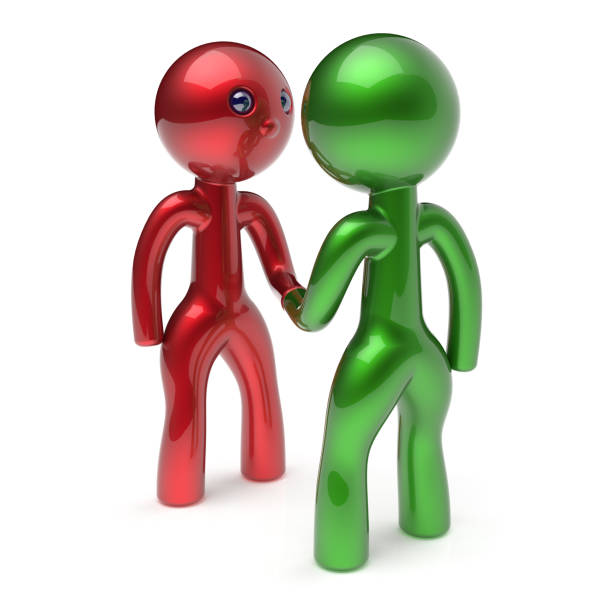 Businessman shaking hand cartoon characters, handshake business partners deal, 2 different businessmen teamwork acquaintance agreement, welcome meeting people icon concept red green. 3d render isolated
