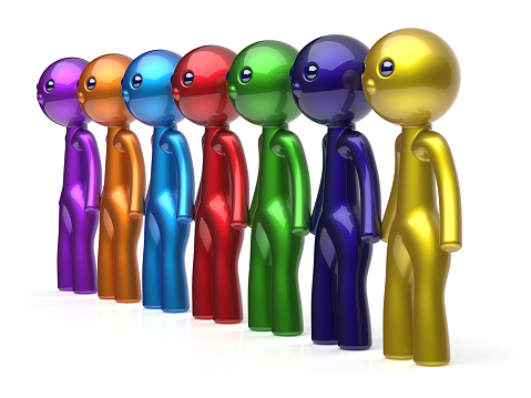 Human resource characters HR, teamwork social network friends chain, line people diverse, friendship row individuality, team seven different cartoon persons unity, meeting concept colorful. 3d illustration