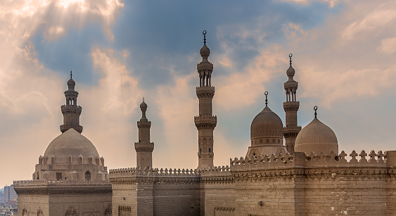 Minarets and domes of Sultan Hasan mosque and Al Rifai Mosque, Old Cairo, Egypt