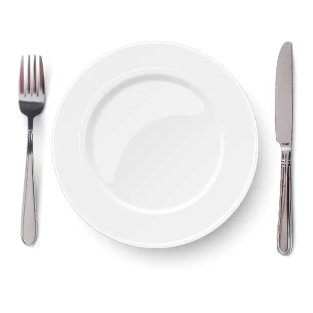 Vector illustration of Empty plate with knife and fork isolated on a white background. View from above.