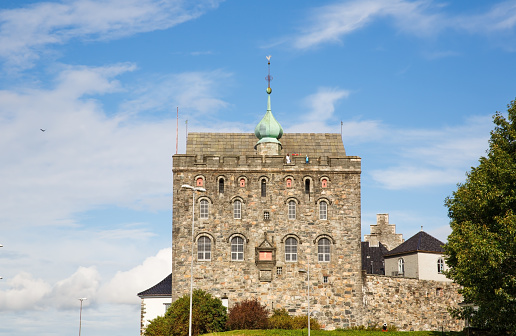 Bergen, Norway-August 17, 2014 -  Bergenhus Fortress and Rosenkrantz Tower in the historical part of  Norwegian city.