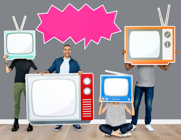 istock Happy people holding TV icons 1051656120