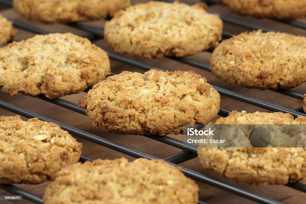oatmeal cookies Fresh baked Stack of warm oatmeal  cookies on cooling rack, shallow DOF Color Image Stock Photo