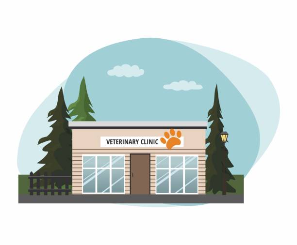 Veterinary medicine hospital, clinic or pet shop for animals. Facade exterior view. Veterinary medicine hospital, clinic or pet shop for animals. Facade exterior view. Vector ilustration. animal hospital symbol stock illustrations