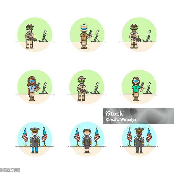 Set Of Multicolor Army Icons Stock Illustration - Download Image Now - Air Force, Armed Forces, Army