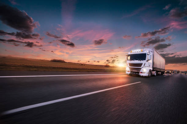 istock Truck with container on road, cargo transportation concept. 1051669216