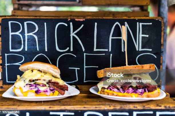 Close Up Of Salt Beef And Mustard Sandwiches With Brick Lane Sign In Background Stock Photo - Download Image Now
