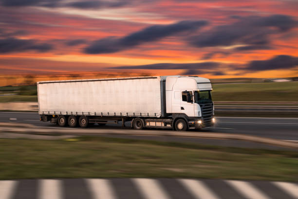 istock Truck with container on road, cargo transportation concept. 1051669706