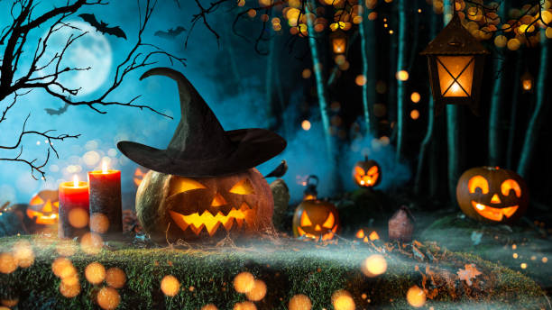 istock Halloween pumpkins on dark spooky forest. 1051669886