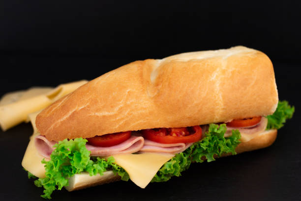 istock Big sandwich with meat and cheese on dark background 1051670590