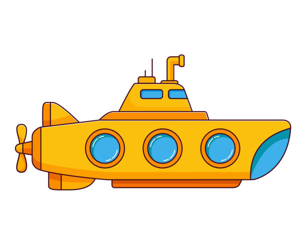 ilustrações de stock, clip art, desenhos animados e ícones de yellow submarine.sea adventure trip. underwater ship.flat line art vector. window and periscope. - submarine