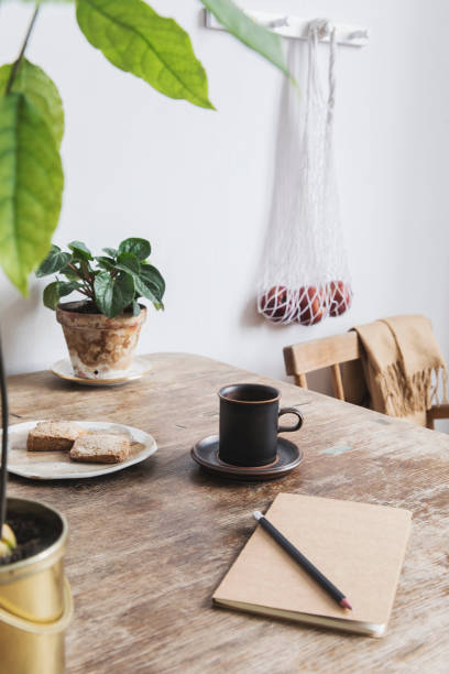 istock Vintage interior design of kitchen space with small table against white wall with simple chairs, cup of coffee and plants. Minimalistic concept of kitchen space. 1051679640