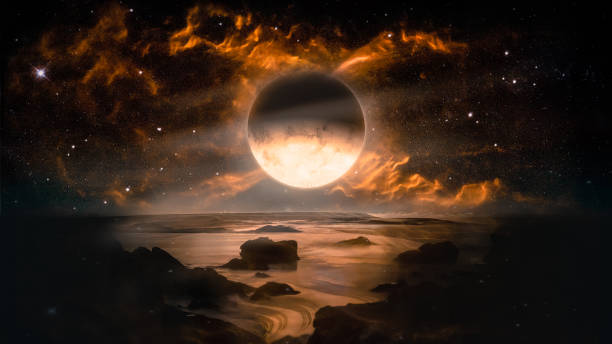 Landscape in fantasy alien planet with flaming moon and galaxy background. Elements of this image furnished by NASA Landscape in fantasy alien planet with flaming moon and galaxy background. Elements of this image furnished by NASA eclipse photos stock pictures, royalty-free photos & images