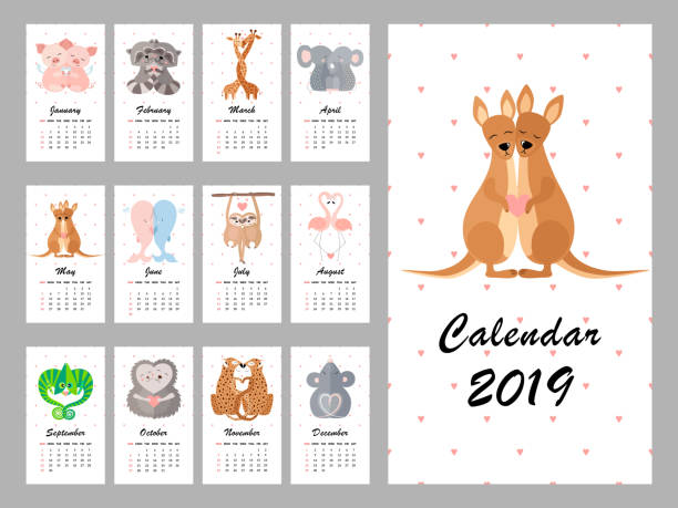 kalendarz 2019 z uroczymi zwierzętami. ilustracja wektorowa - animal doodle bear kangaroo stock illustrations