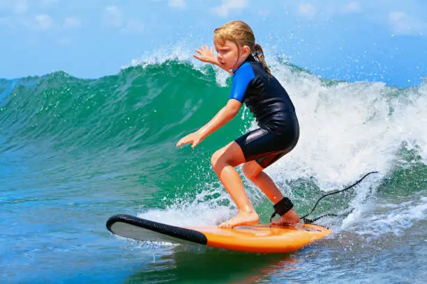 Photo of Young surfer rides on surfboard with fun on sea waves