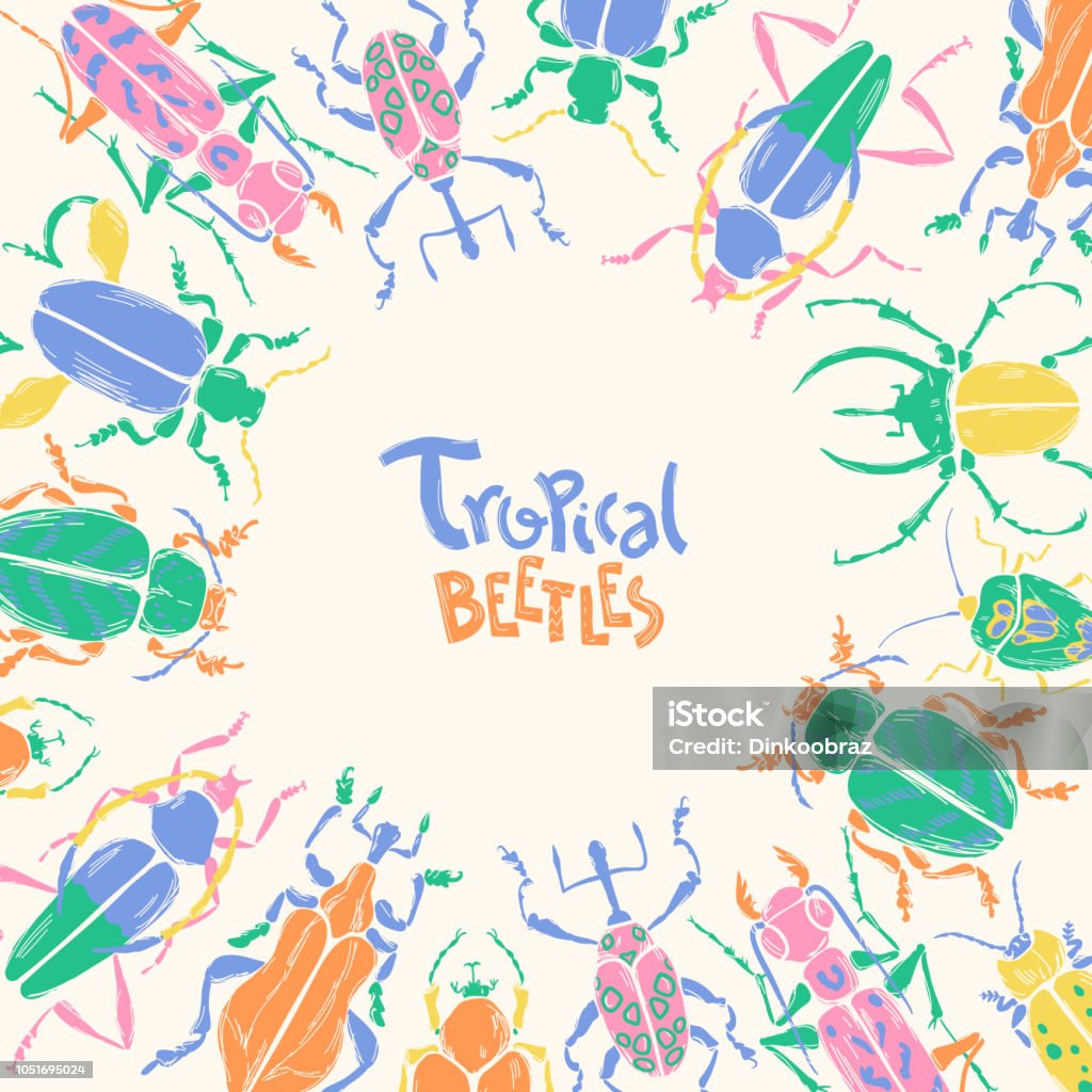 Bug Theme Frame Vector Doodle Frame With Big Decorative Tropic Bugs Bright Beet Stock ...