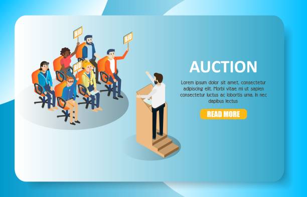 ilustrações de stock, clip art, desenhos animados e ícones de auction vector isometric web banner website template - auction interface icons push button buy