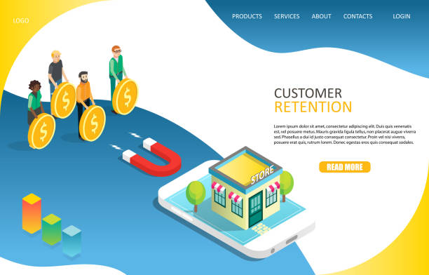 Customer retention landing page website vector template Customer retention landing page website template. Vector isometric illustration of red magnet attracting people with dollar coins to visit store. Target market concept. target acquisition stock illustrations