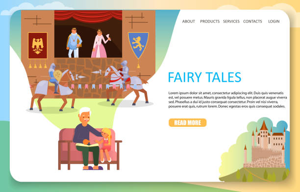 ilustraciones, imágenes clip art, dibujos animados e iconos de stock de plantilla de vector de hadas cuentos aterrizaje página web - princess castle child family