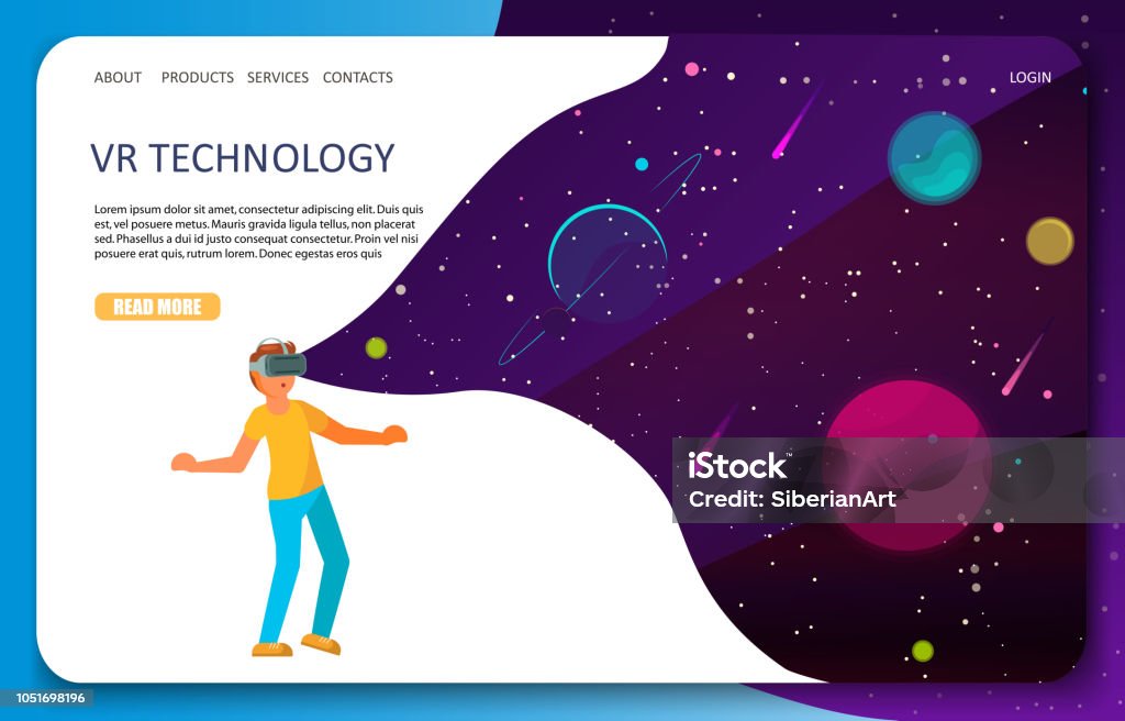 VR technology landing page website vector template VR technology landing page website template. Vector isometric illustration of boy with VR headset in outer space. Virtual reality for education and games concept. Virtual Reality stock vector