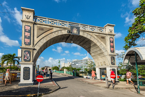 Bridgetown, Barbados - December 18, 2016: The Independence Arch and the Chamberlain Bridge in Bridgetown, Barbados, West Indies, Caribbean, Lesser Antilles, Central America.