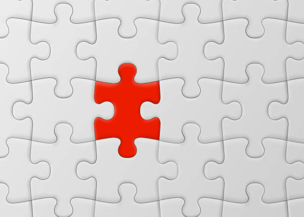 White jigsaw puzzle with unique red piece. One of many concept. White jigsaw puzzle with unique red piece. One of many concept. Vector illustration recruitment patterns stock illustrations