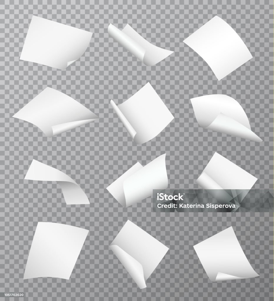 Set of vector white empty papers flying or falling in different positions with curled and twisted edges isolated on transparent background Paper stock vector